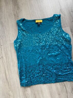 St. John Teal Ombré Sequin Scoop Neck Tank XL